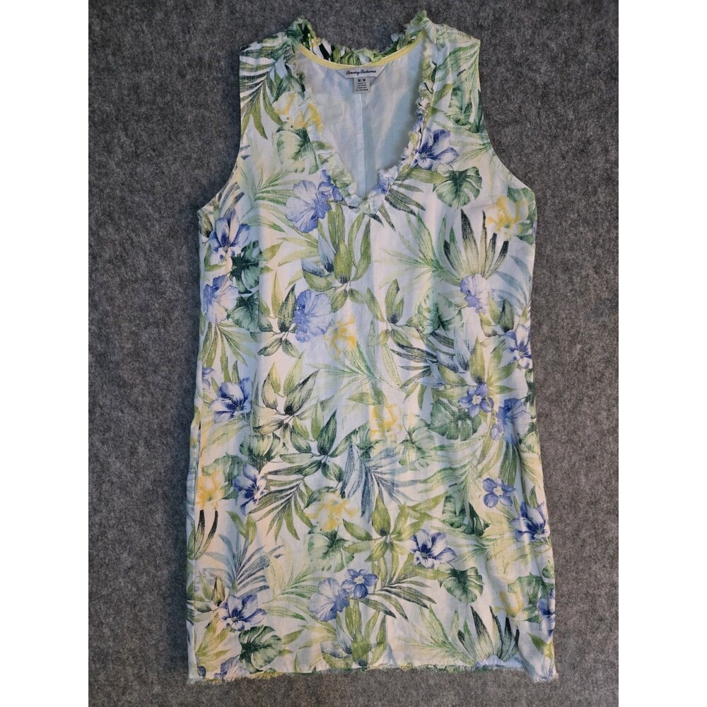 Tommy Bahama Womens Sz M Tropical Floral Print Linen Button Up Shirt Flip Cuff